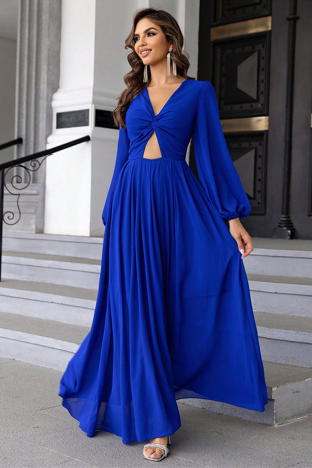 Womens New Twist Front Cutout Long Sleeve Maxi Dress