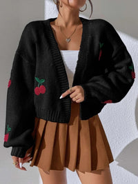 Fashion Sweater Cherry Graphic Open Front Dropped Shoulder Cardigan