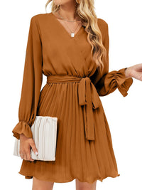 Long Sleeve Short Dress Women's Fashion Surplice Flounce Sleeve Pleated Mini Dress KESLEY