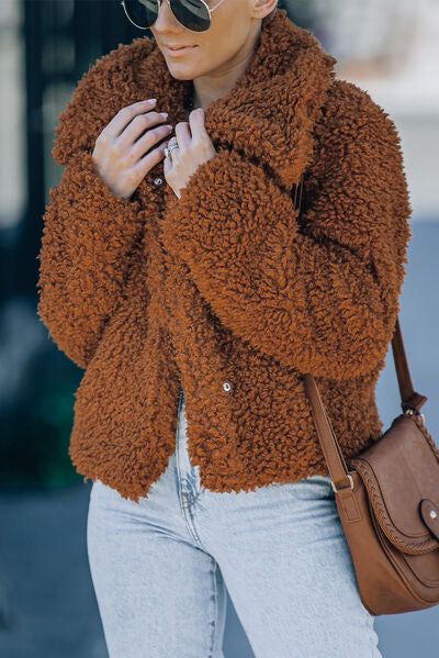 Fuzzy Snap Down Long Sleeve faux Fur Plush Jacket