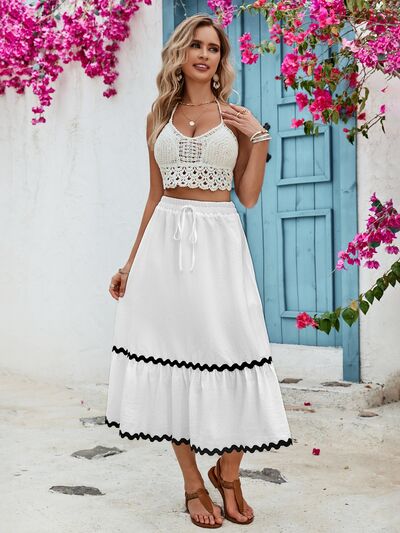 Tied Contrast Trim High Waist Midi Skirt