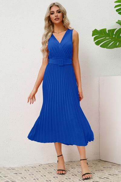 Women's Surplice Sleeveless Midi Pleated Dress