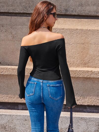 Ribbed Flare Long Sleeve Casual Off the Shoulder Cropped T-Shirt