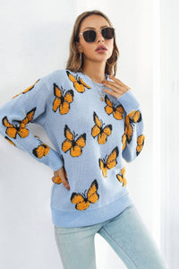 Butterfly Pattern Round Neck Dropped Shoulder Sweater