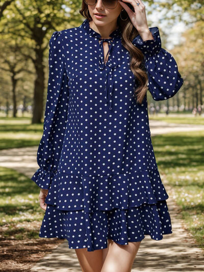 Layered Polka Dot Flounce Sleeve Mini Short Dress, Casual Dress, Casual Work Dress New Womens Fashion