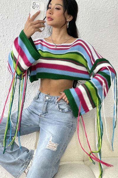 Crop Top Fringe Striped Round Neck Long Sleeve Knit Cropped Sweater