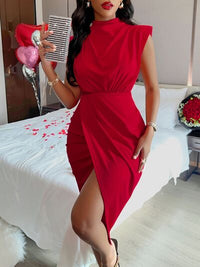 Red Cutout Slit Mock Neck Sleeveless Midi Dress New Womens Fashion