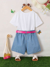 Butterfly Graphic Top and Belted Denim Shorts Set Girl Fashion Kids Clothing