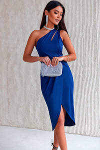 Women's Off The Shoulder High Slit Evening Dress Ruched Cutout Single Shoulder Midi Dress