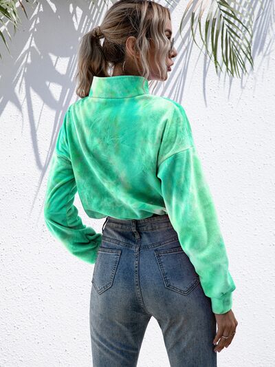 Women's Tie-Dye Sweater Cropped Quarter Zip Dropped Shoulder Fashion Sweatshirt