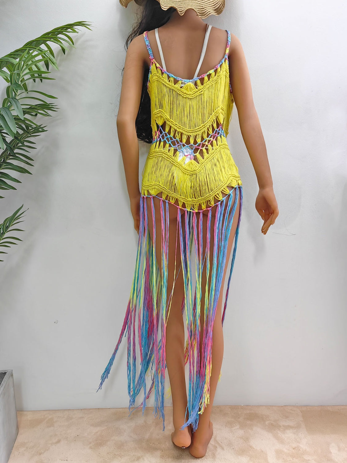 Swimsuit Cover-Up Dress Fringe Scoop Neck Spaghetti Strap Women's Crochet bikini Cover-Up