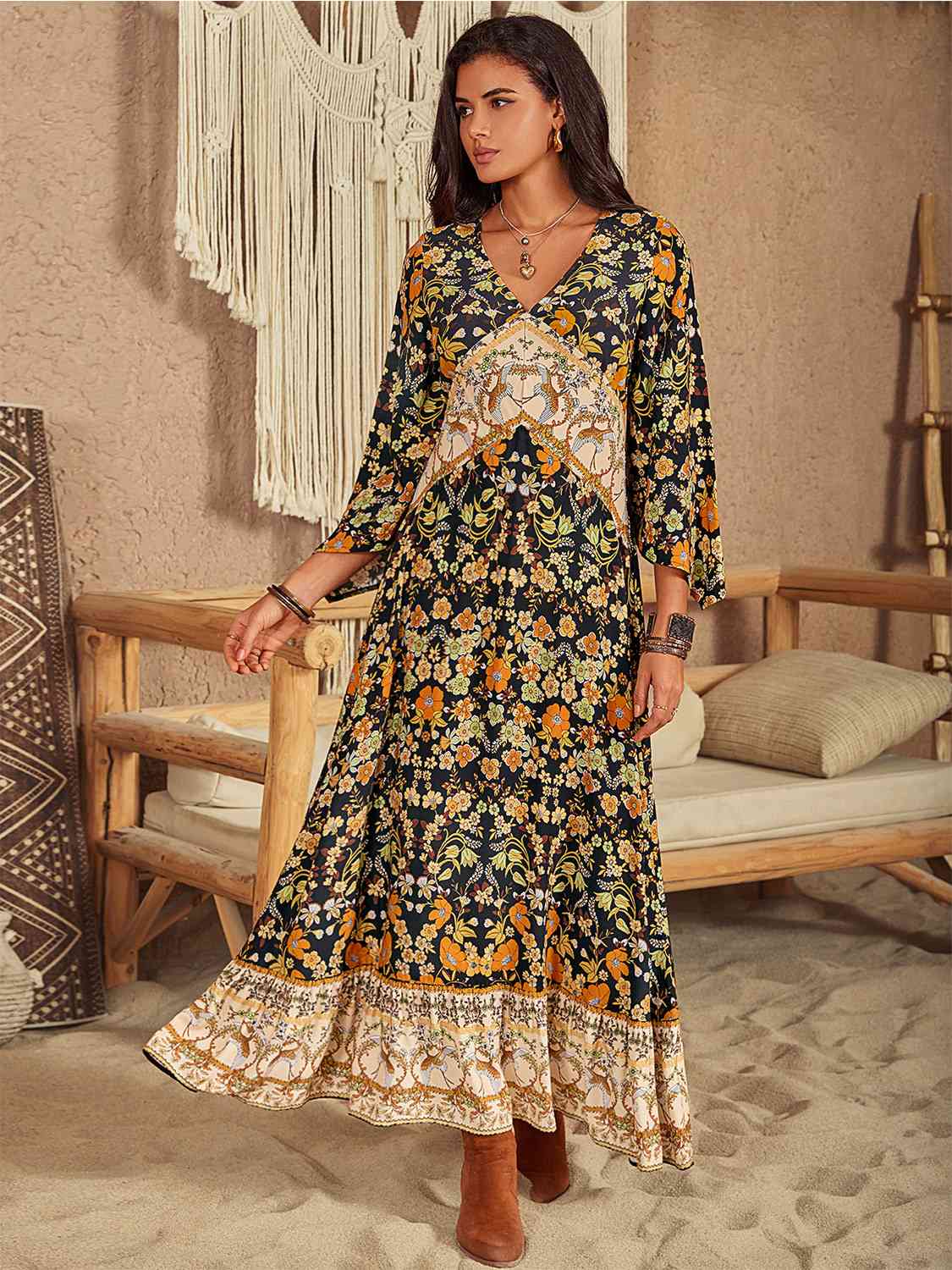 Boho Casual Loose Fit Dress Floral V-Neck Midi Long Dress