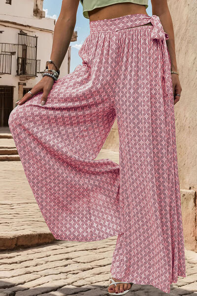 Printed Waist Tied Wide Leg Pants