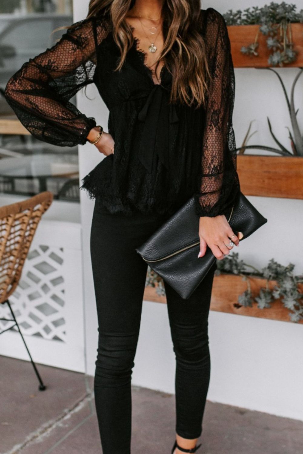 Cotton Blouse Lace Detail Plunge Neckline Long Sleeve New Women's Fashion Low Cut V neckline Top