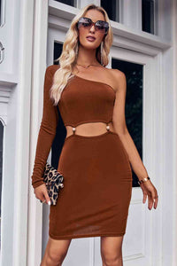 Womens Sexy Dress Asymmetrical Long Sleeve One Shoulder Cutout Dress