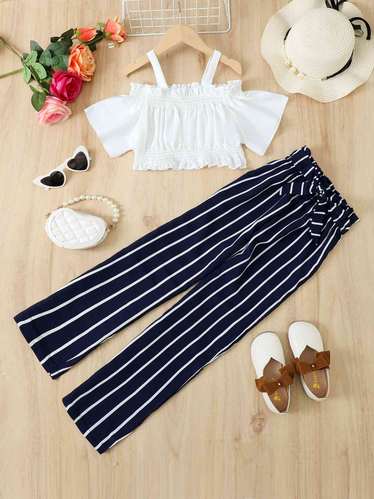 Frill Trim Cropped Top and Striped Pants Set Girl Kids Fashion