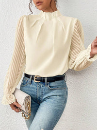 Mock Neck Flounce Fashionable Sheer Sleeve Blouse