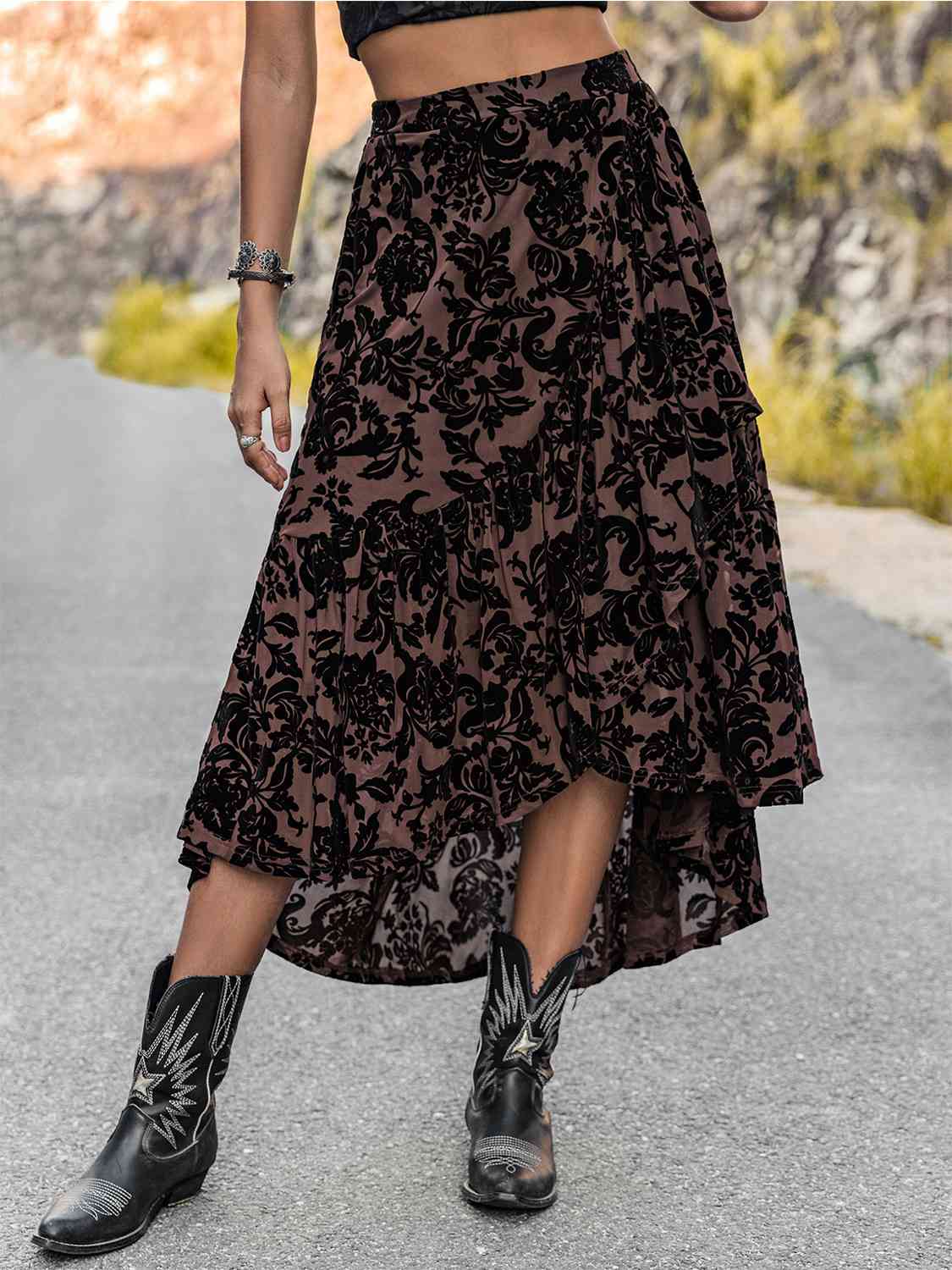 Boho Print Black Lace High Slit Printed Ruffled Midi Skirt