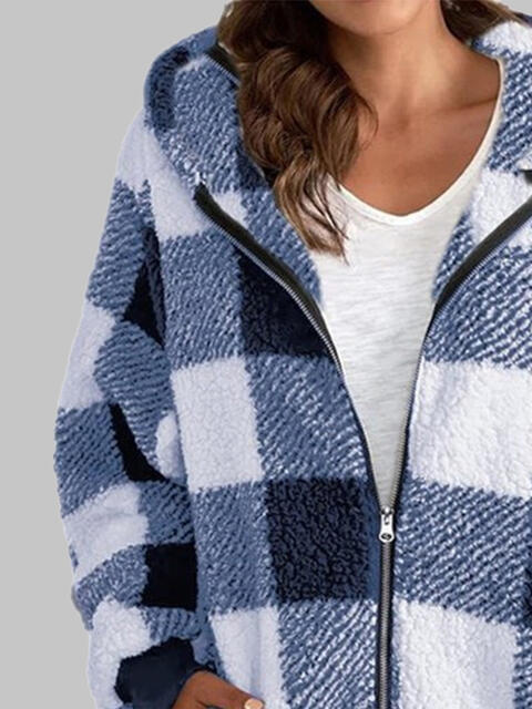 Checkered Plaid Zip-Up Hooded Jacket with Pockets