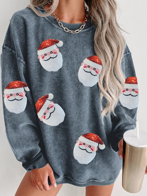 Sequin Santa Patch Ribbed Sweatshirt Holiday Christmas Sweater