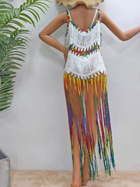 Swimsuit Cover-Up Dress Fringe Scoop Neck Spaghetti Strap Women's Crochet bikini Cover-Up