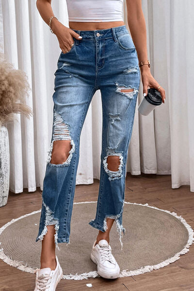 Distressed Raw Hem Straight Women’s Ripped Jeans