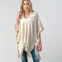 Fringed Crochet Buttoned Hooded Throw Over Fashion Sweater Poncho