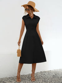 Casual Back Tie Short Sleeve Collar Dress New Women's Fashion Button Up Cap Sleeve Midi Dress