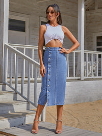 Women's Jean Denim Skirt Button Down High Slit Versatile Fashion Cotton