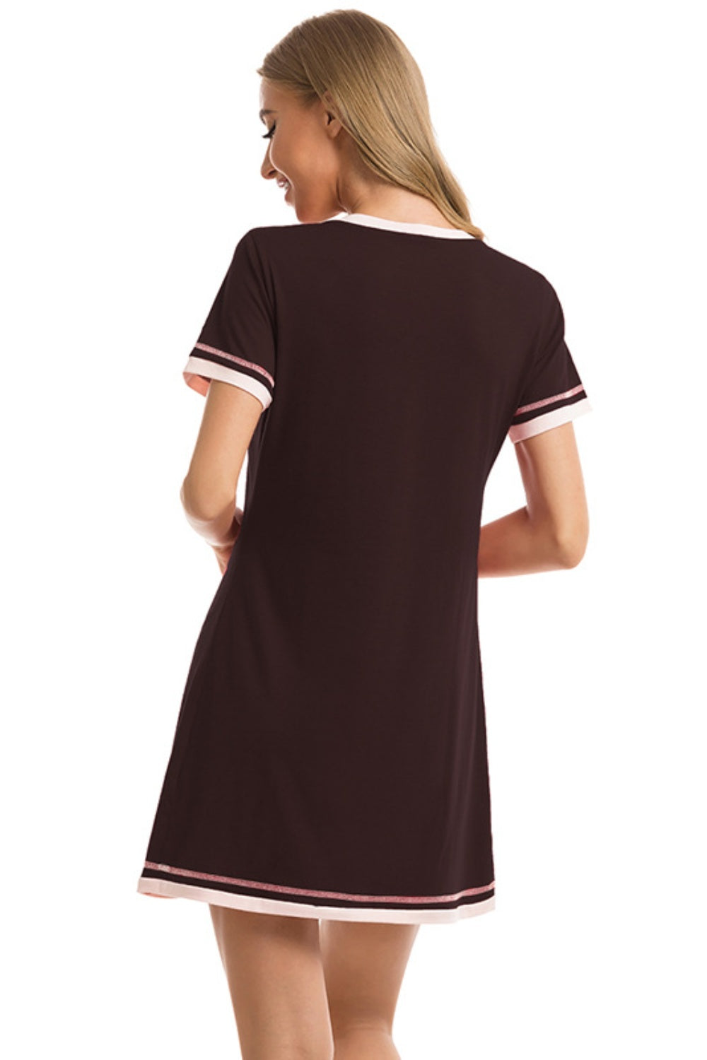 Pajama Dress Contrast Trim Short Sleeve Lounge Dress