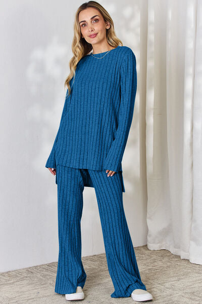 Matching Fashion Set  Ribbed High-Low Long Sleeve T-Shirt and Wide Leg Pants Set Casual Wear and Loungewear