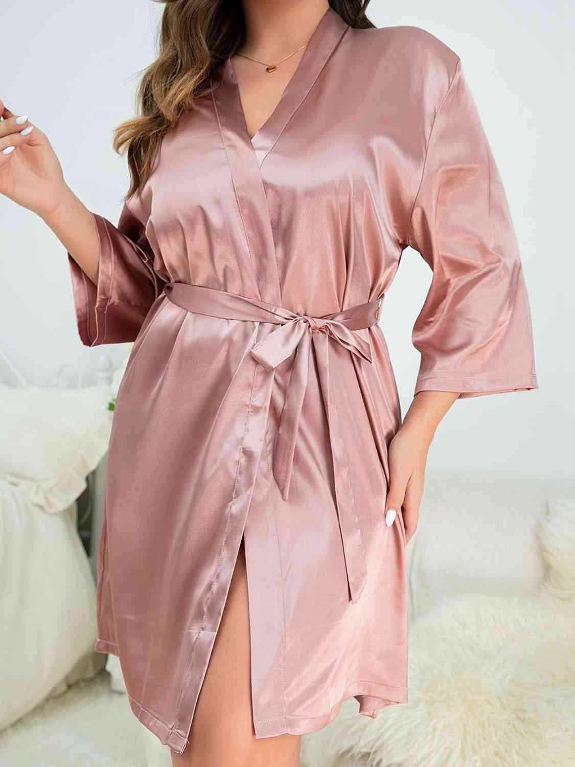 Plus Size Surplice Neck Tie Waist Robe