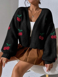 Fashion Sweater Cherry Graphic Open Front Dropped Shoulder Cardigan