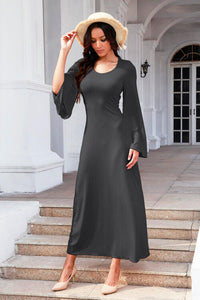 Tie Back Ribbed Round Neck Long Sleeve Dress