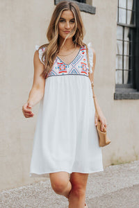 White Dress Ruffled Geometric V-Neck Sleeveless Casual Short Dress