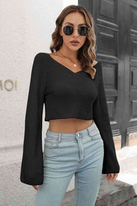 Cropped Fashion Sweater Top V-Neck Flare Long Sleeve Knit Crop Top Women’s casual wear