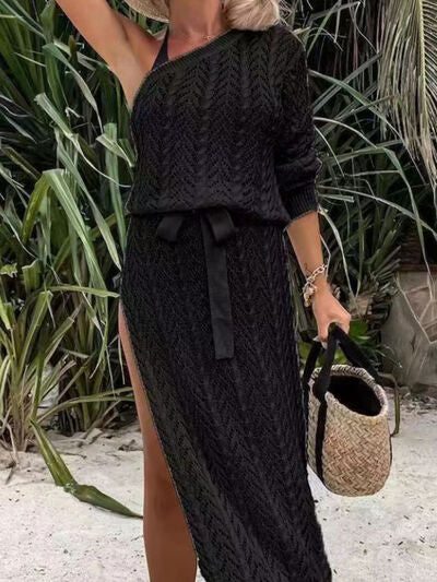 Swimsuit Cover-up Slit Openwork Single Shoulder Knit Dress