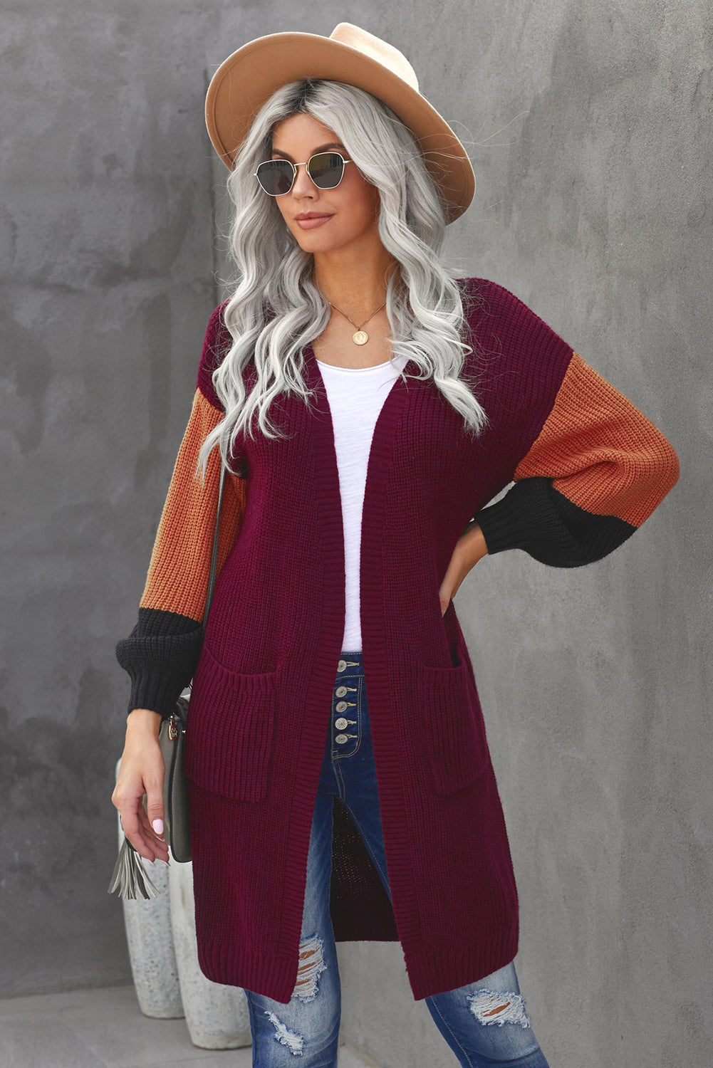 Color Block Rib-Knit Longline Cardigan with Front Pockets