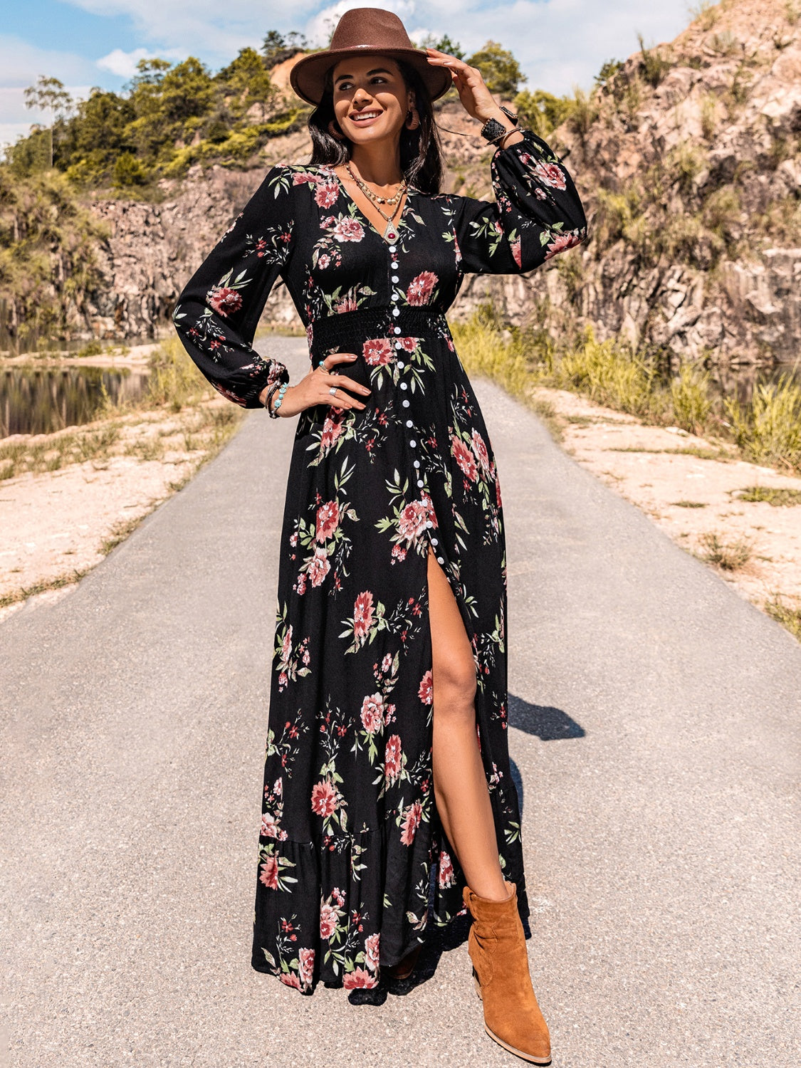 Floral V-Neck Split Long Sleeve Casual Maxi Dress