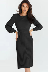 Womens Casual Dress Round Neck Long Sleeve Pleated Sweater Midi long Dress