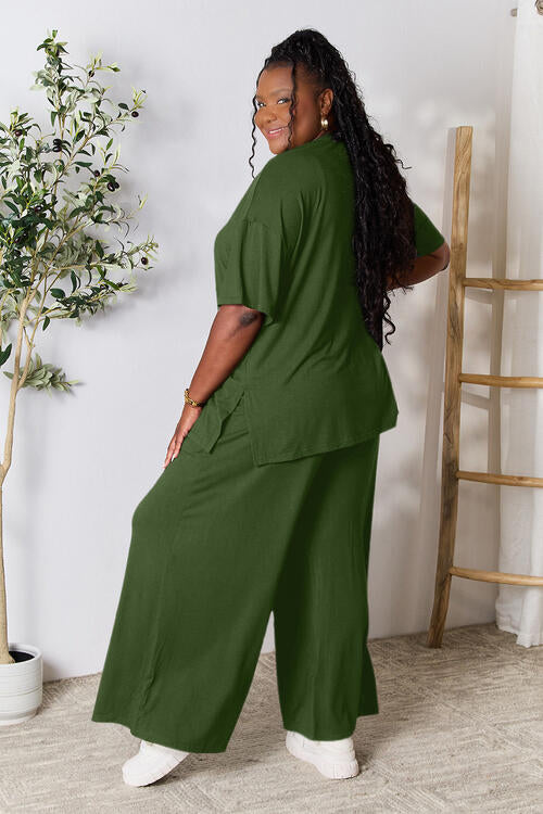 Double Take Full Size Round Neck Slit Top and Pants Set Loungewear T shirt and bottoms included