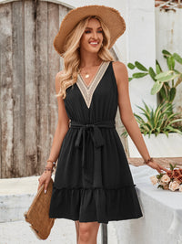 Cami Dress Casual and Confortable V Neck Waist Tie Frill Sleeveless Mini Dress