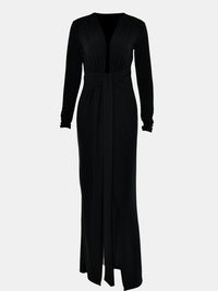 Plunge Neckline Long Sleeve High Slit Maxi Dress New Women's Fashion Feminine Ruched Slit  Deep V Neckline Dress KESLEY