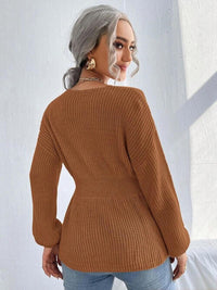 Notched Dropped Shoulder Knit Long Sleeve Top