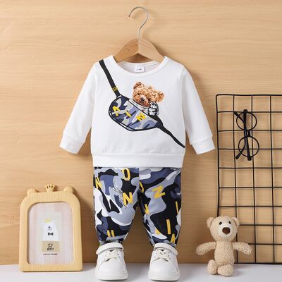 Bear Round Neck Top and Camouflage Pants Set Kids Boy Fashion Outfit and Gifts