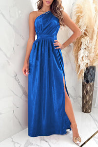 One Shoulder Elegant Slit Ruched Evening Maxi Dress