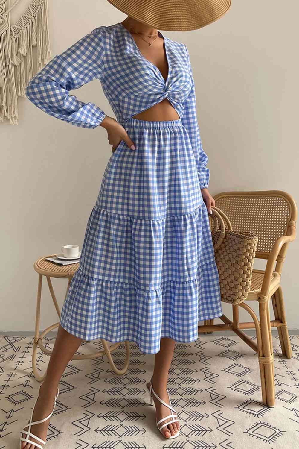 Picnic Checkered Sundress V Neck Plaid Cut Out Twist Front Midi Dress