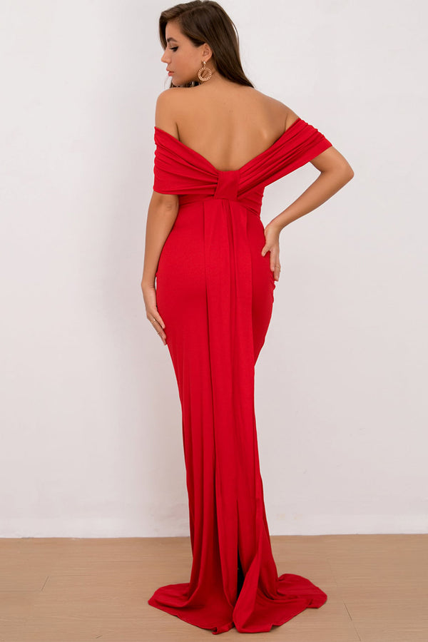 Red Off-Shoulder Floor Length Maxi Evening Maxi Dress