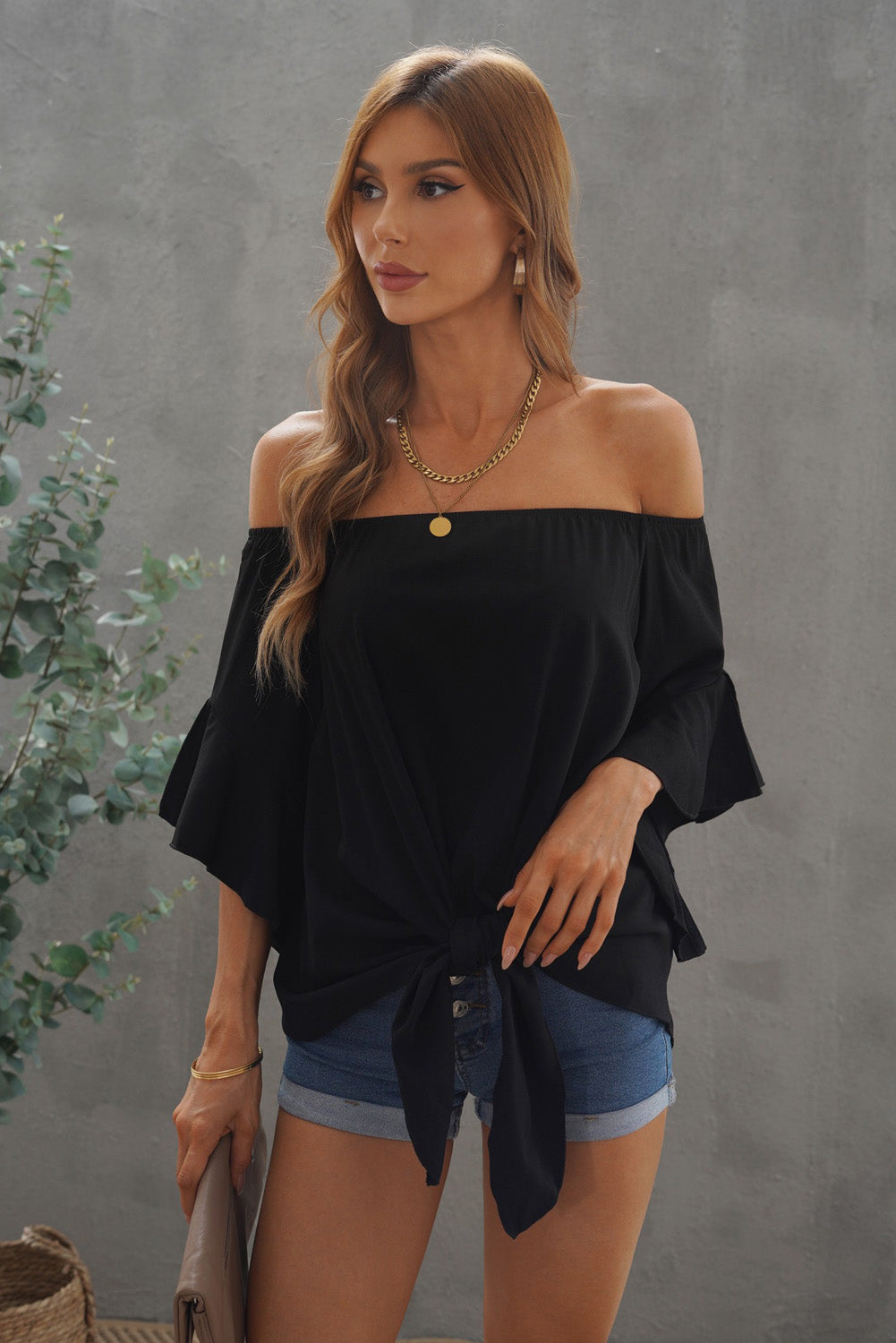 Women's Casual Shirt Off-Shoulder Tie Hem Blouse