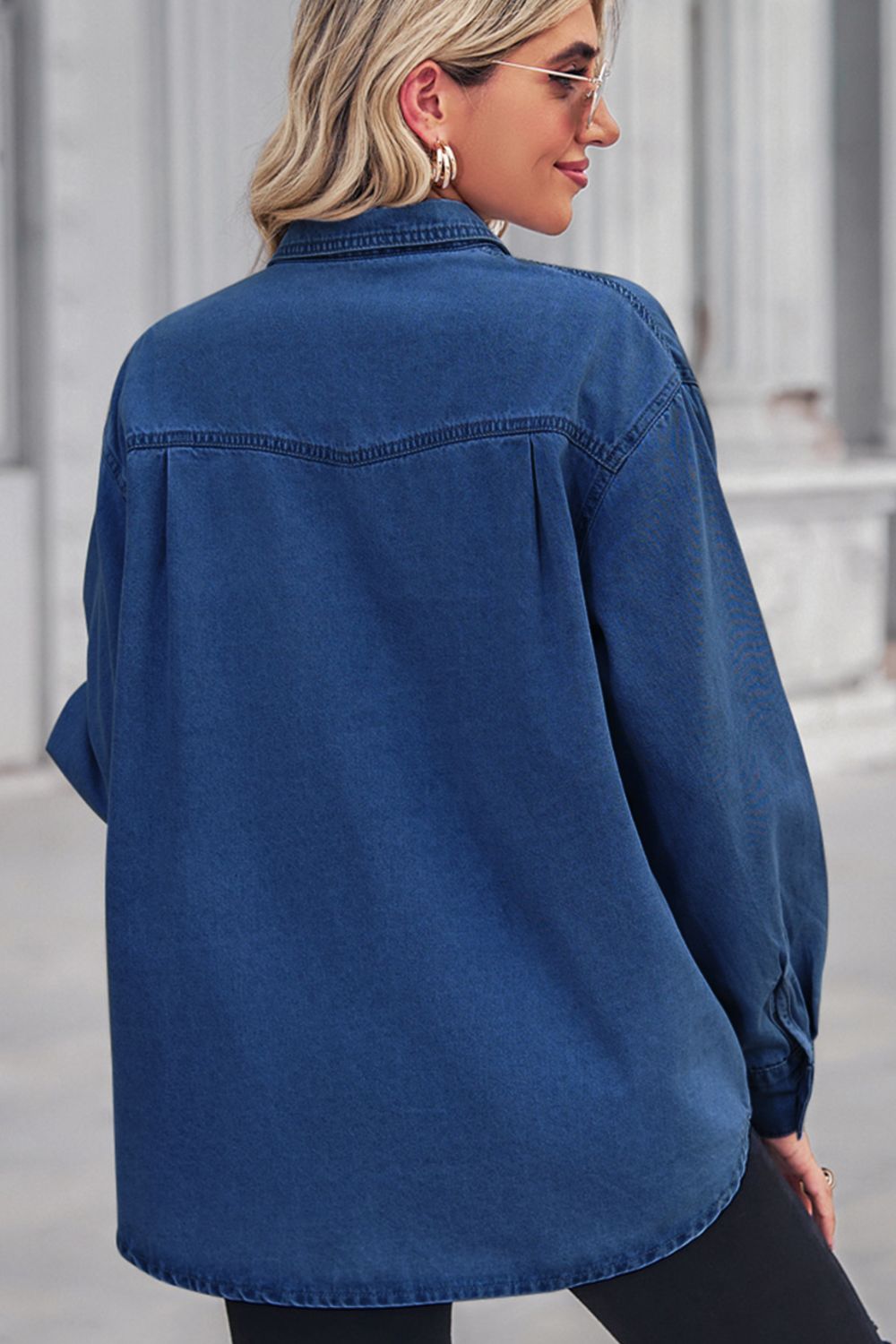 Collared Neck Dropped Shoulder Denim Top